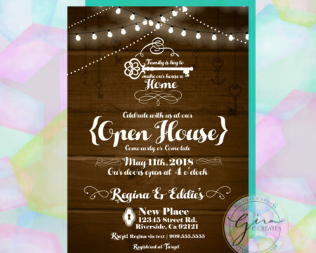 open house house warming party wood lights keys invitation