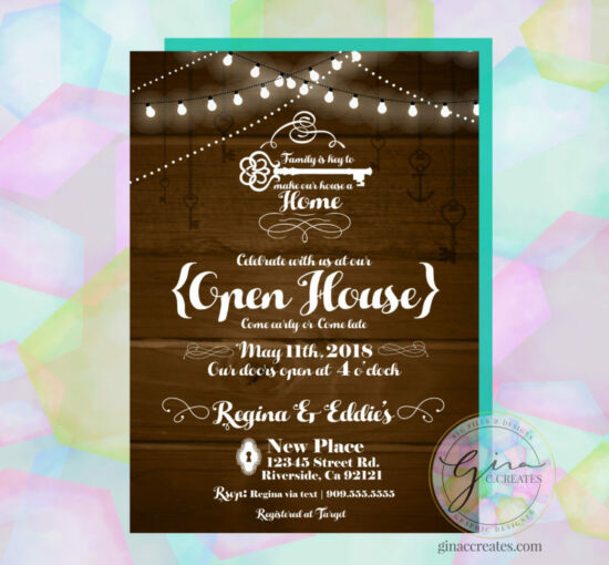 open house house warming party wood lights keys invitation