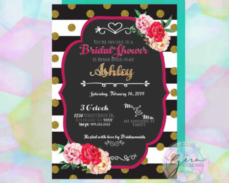 bold black and white stripe gold glitter flower bridal invitation