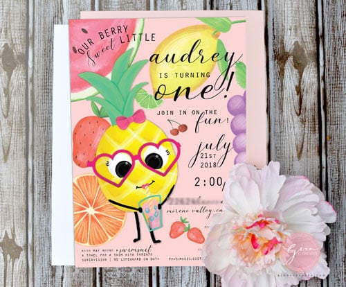 pineapple girl, berry sweet birthday invite