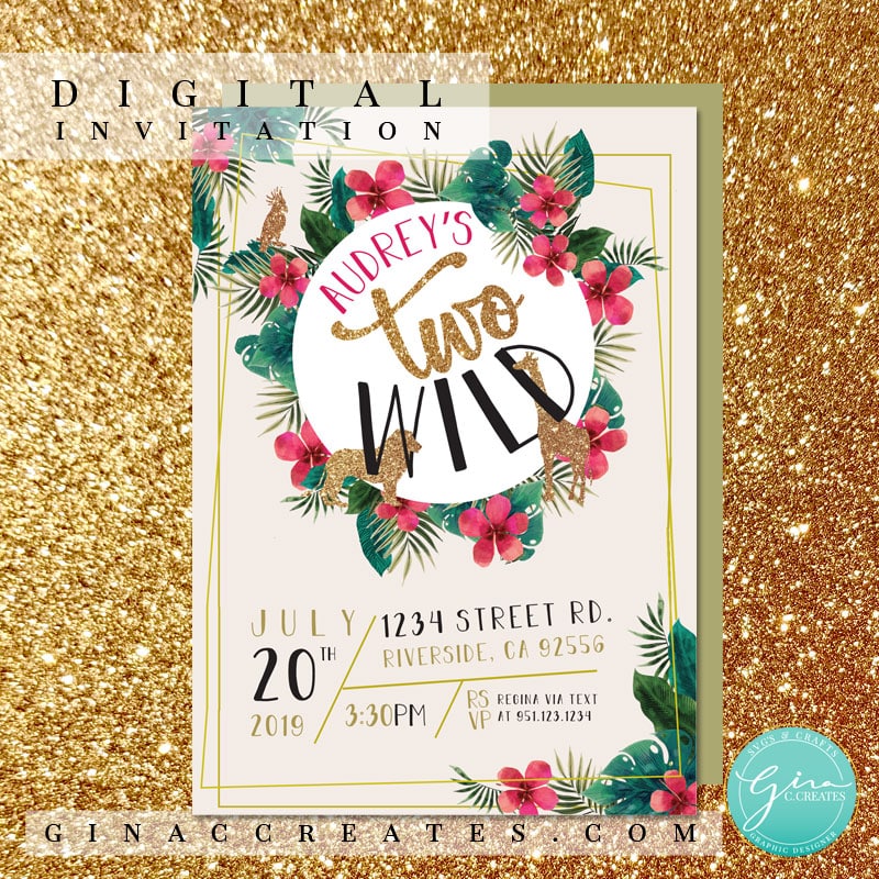 two wild pink and gold birthday digital invitation printable