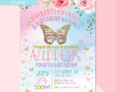 Butterfly 4th birthday invitation