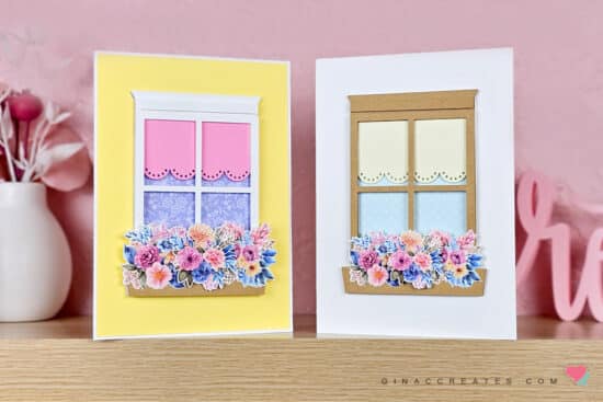Springtime window card with floral arrangements, window frame Cricut card, curtains, and window sill shelf, showcasing dimension and character.