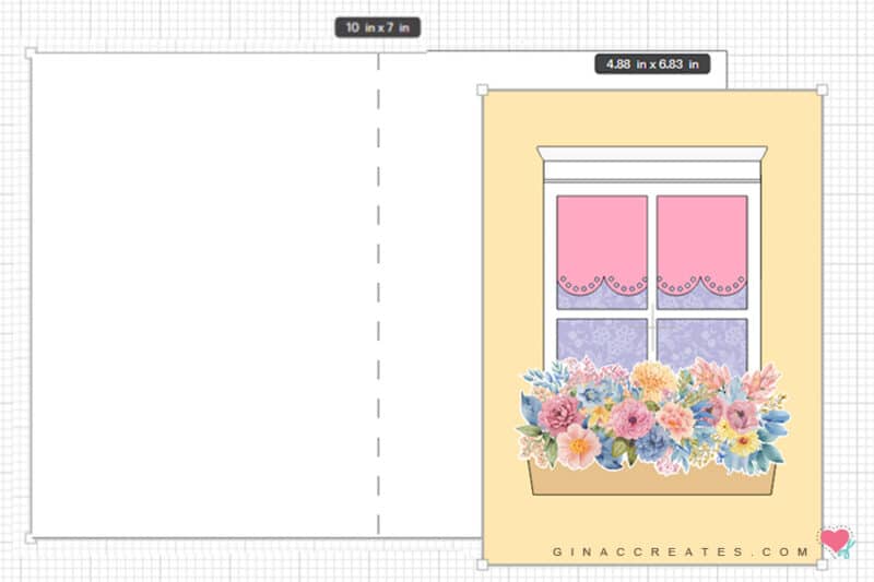 Screen capture of Cricut Design Space with the Spring Window Card template displayed, including SVG files for the card base, window frame, and floral arrangements.