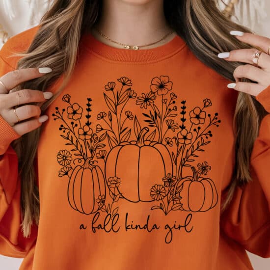 Download this free “A Fall Kinda Girl” SVG with pumpkins and wildflowers. Perfect for Cricut, Silhouette, sublimation, and DTF projects.