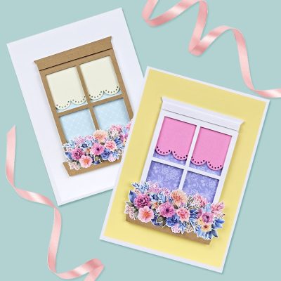 Window sill with flowers card template, spring crafts